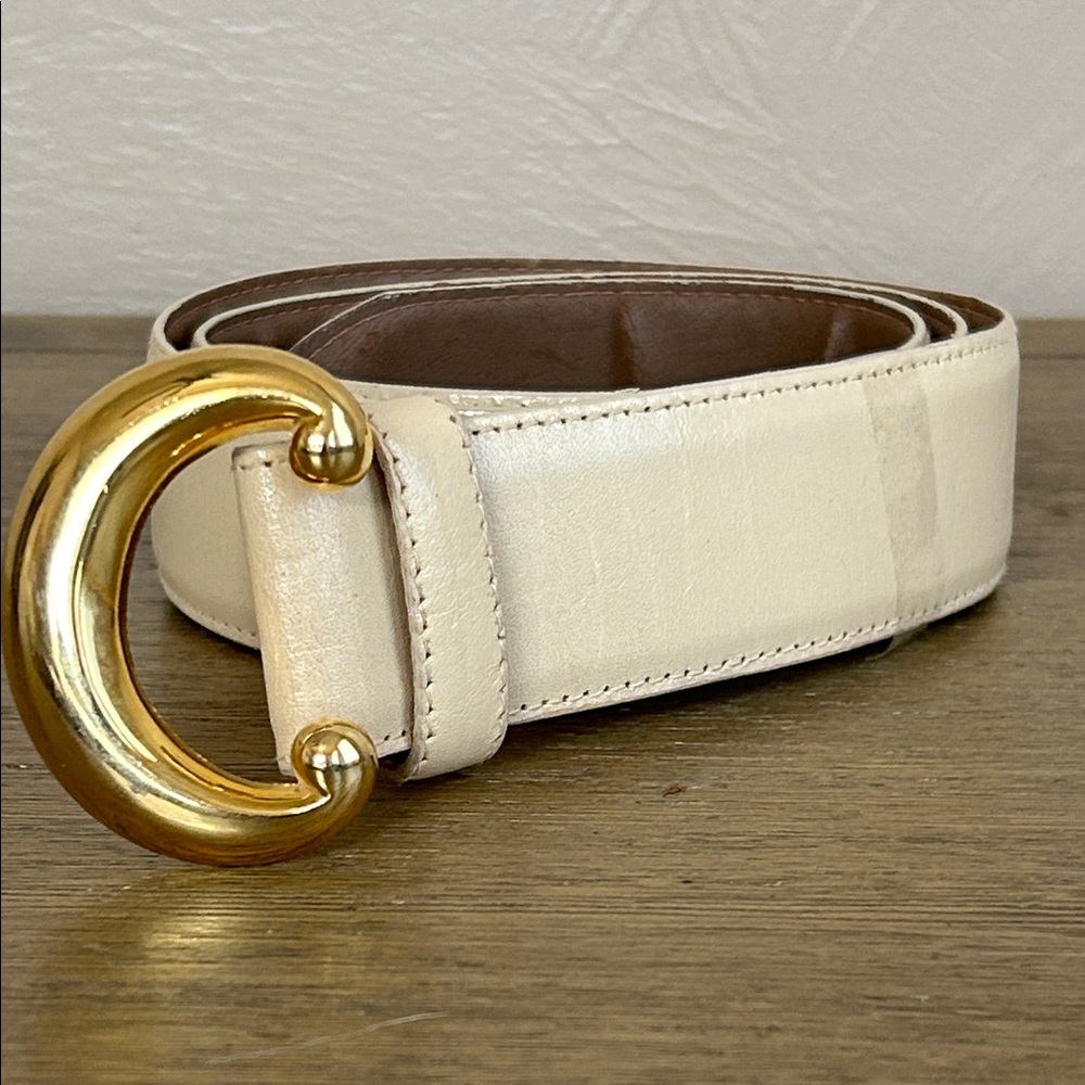 Vintage 80’s Glam Talbots Cream Leather Belt Gold Buckle Size Large 90’s Classy.